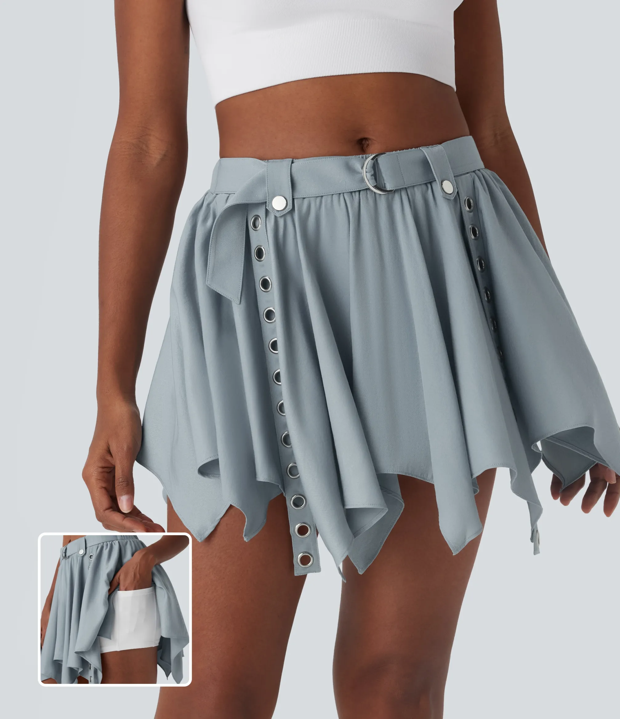 Skirts<HALARA Mid Rise Belted Hanky Hem 2-in-1 Mini Casual Skirt with Pockets