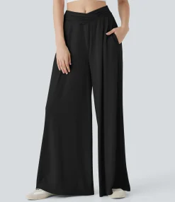 Wide-Leg Pants|Pants<HALARA Mid Rise Crossover Ruched Wide Leg Casual Pants with Pockets