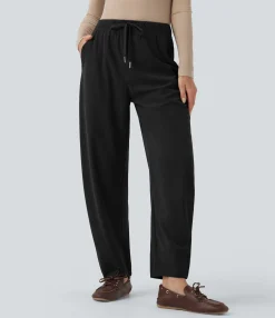 Pants<HALARA Mid Rise Drawstring Barrel Leg Corduroy Casual Pants with Pockets