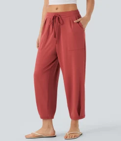 Pants<HALARA Mid Rise Drawstring Casual Tapered Pants with Pockets