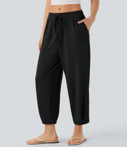 Pants<HALARA Mid Rise Drawstring Casual Tapered Pants with Pockets