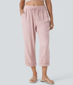 Pants<HALARA Mid Rise Drawstring Casual Tapered Pants with Pockets