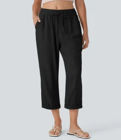 Pants<HALARA Mid Rise Drawstring Casual Tapered Pants with Pockets