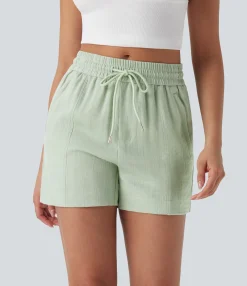 Shorts<HALARA Mid Rise Drawstring Linen-Feel Work Shorts with Side Zip Pockets