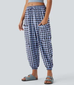Pants|Joggers<HALARA Mid Rise Drawstring Pockets Plaid Casual Barrel Leg Joggers