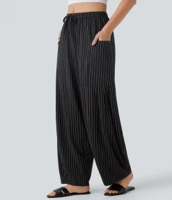 Pants<HALARA Mid Rise Drawstring Pocket Oversize Barrel Leg Cool Touch Stripe Pants