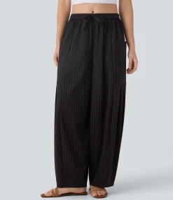 Pants<HALARA Mid Rise Drawstring Pocket Oversize Barrel Leg Cool Touch Stripe Pants