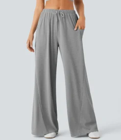 Wide-Leg Pants|Pants<HALARA Mid Rise Drawstring Pocket Wide Leg Casual Pants
