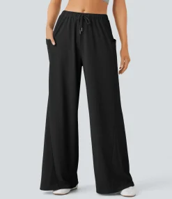 Wide-Leg Pants|Pants<HALARA Mid Rise Drawstring Pocket Wide Leg Casual Pants