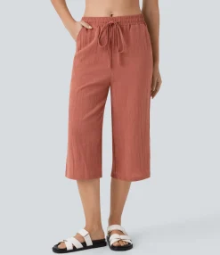 Pants|Straight-Leg Pants<HALARA Mid Rise Drawstring Pocket Straight Leg Capri Casual Linen-Feel Pants