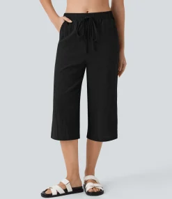 Pants|Straight-Leg Pants<HALARA Mid Rise Drawstring Pocket Straight Leg Capri Casual Linen-Feel Pants