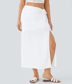 Maxi & Midi Skirts|Skirts<HALARA Mid Rise Drawstring Ruched 2-in-1 Midi Linen-Feel Skirt