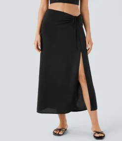 Maxi & Midi Skirts|Skirts<HALARA Mid Rise Drawstring Ruched 2-in-1 Midi Linen-Feel Skirt