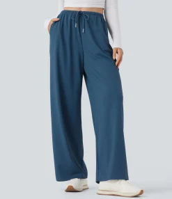 Straight-Leg Pants|Pants<HALARA Mid Rise Drawstring Straight Leg Waffle Knit Yoga Pants with Pockets