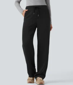 Straight-Leg Pants|Pants<HALARA Mid Rise Drawstring Straight Leg Casual Pants with Pockets