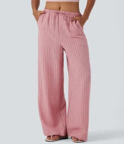 Wide-Leg Pants|Pants<HALARA Mid Rise Drawstring Stripe Wide Leg Casual Linen-Feel Pants with Pockets
