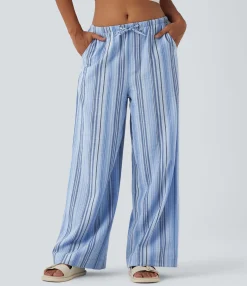 Wide-Leg Pants|Pants<HALARA Mid Rise Drawstring Stripe Wide Leg Casual Linen-Feel Pants with Pockets