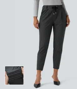Work Pants|Pants<HALARA Mid Rise Drawstring Tapered Stripe Work Pants with Pockets