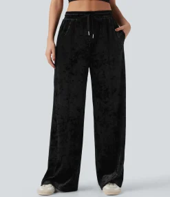 Pants|Wide-Leg Pants<HALARA Mid Rise Drawstring Velvet Wide Leg Casual Pants with Pockets