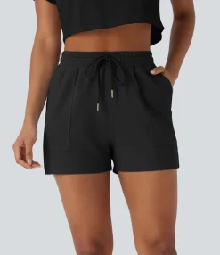 Shorts<HALARA Mid Rise Drawstring Waffle Casual Shorts with Pockets