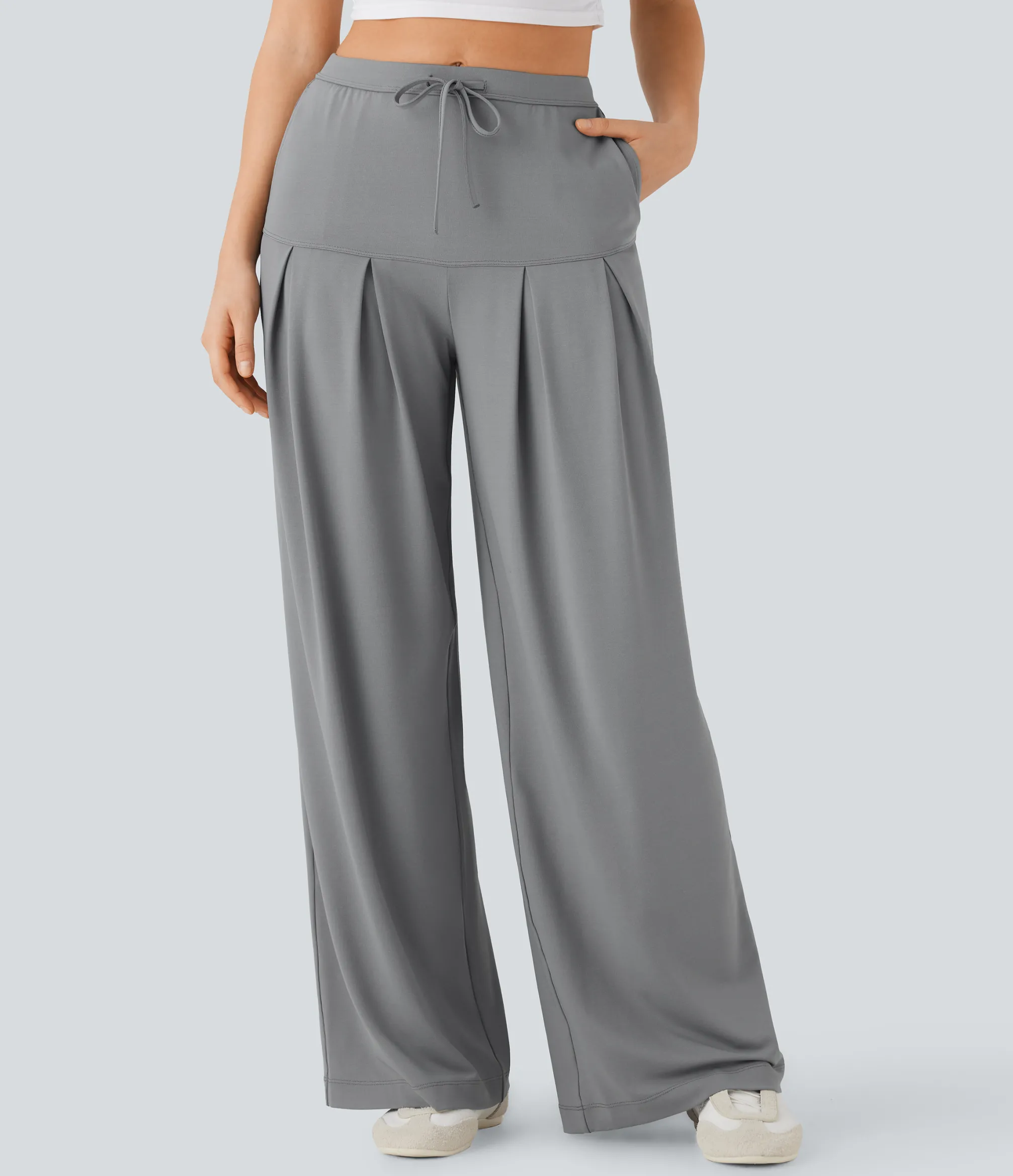 Wide-Leg Pants|Pants<HALARA Mid Rise Drawstring Wide Leg Casual Pants with Pockets