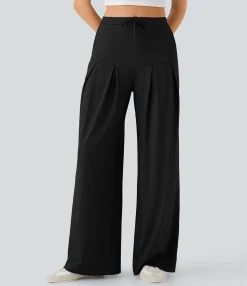 Wide-Leg Pants|Pants<HALARA Mid Rise Drawstring Wide Leg Casual Pants with Pockets