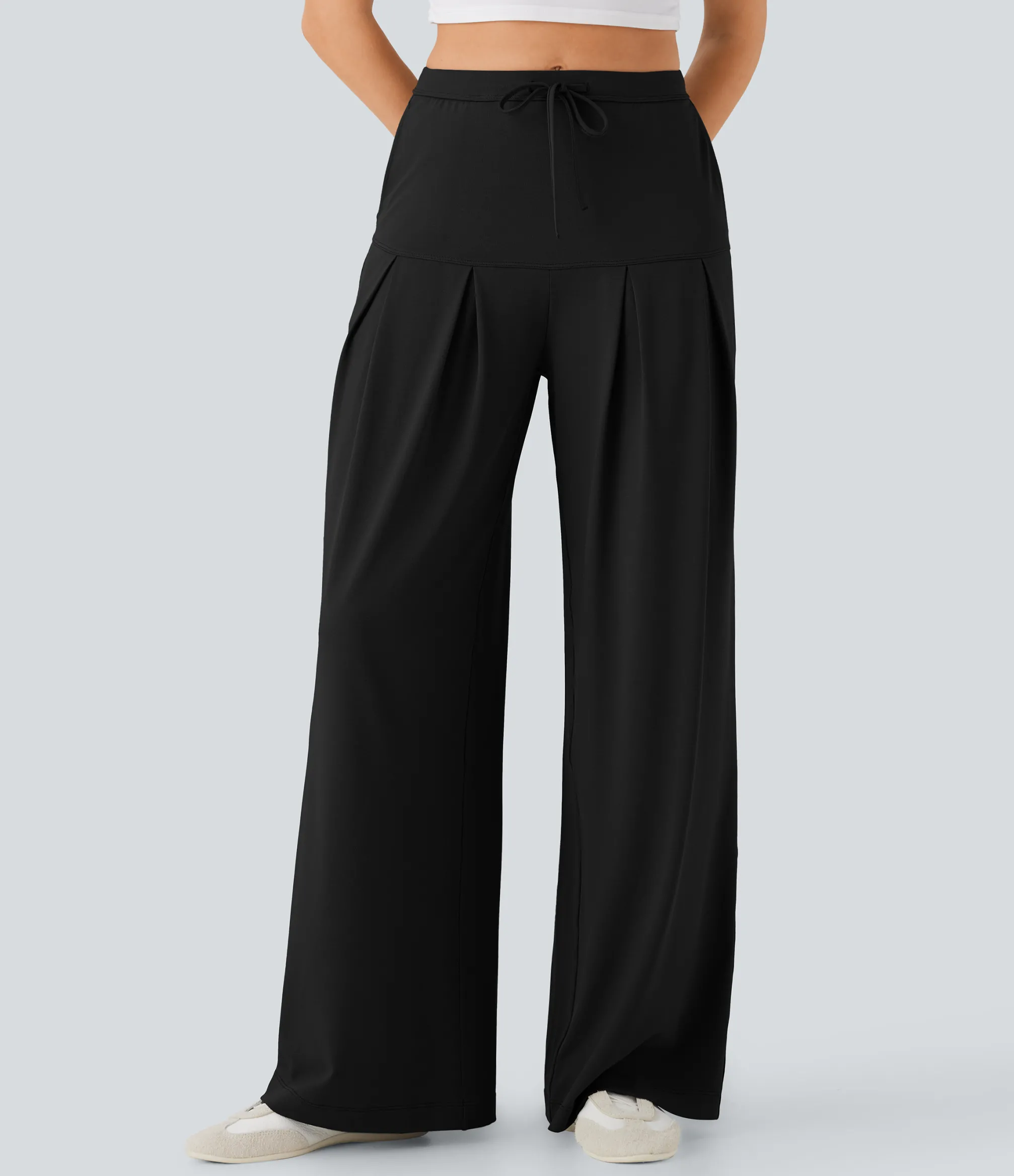 Wide-Leg Pants|Pants<HALARA Mid Rise Drawstring Wide Leg Casual Pants with Pockets