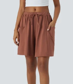 Active Shorts|Shorts<HALARA Mid Rise Elastic Waistband Drawstring Pocket Palazzo Flowy Wide Leg Casual Shorts