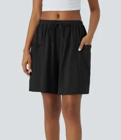 Active Shorts|Shorts<HALARA Mid Rise Elastic Waistband Drawstring Pocket Palazzo Flowy Wide Leg Casual Shorts