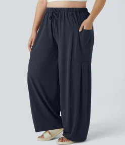Plus Size<HALARA Mid Rise Elastic Waistband Drawstring Pocket Palazzo Flowy Wide Leg Casual Plus Size Pants
