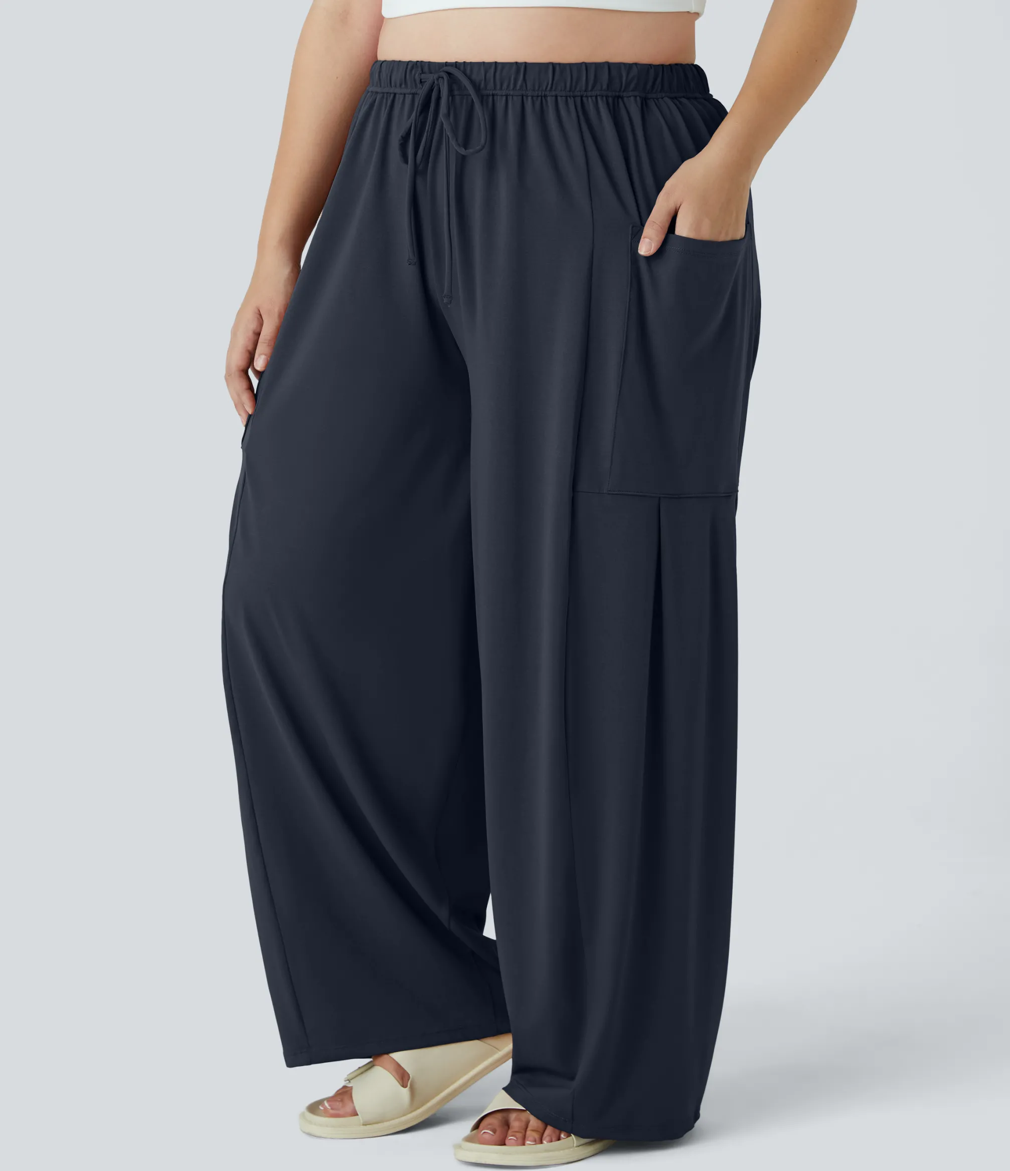 Plus Size<HALARA Mid Rise Elastic Waistband Drawstring Pocket Palazzo Flowy Wide Leg Casual Plus Size Pants
