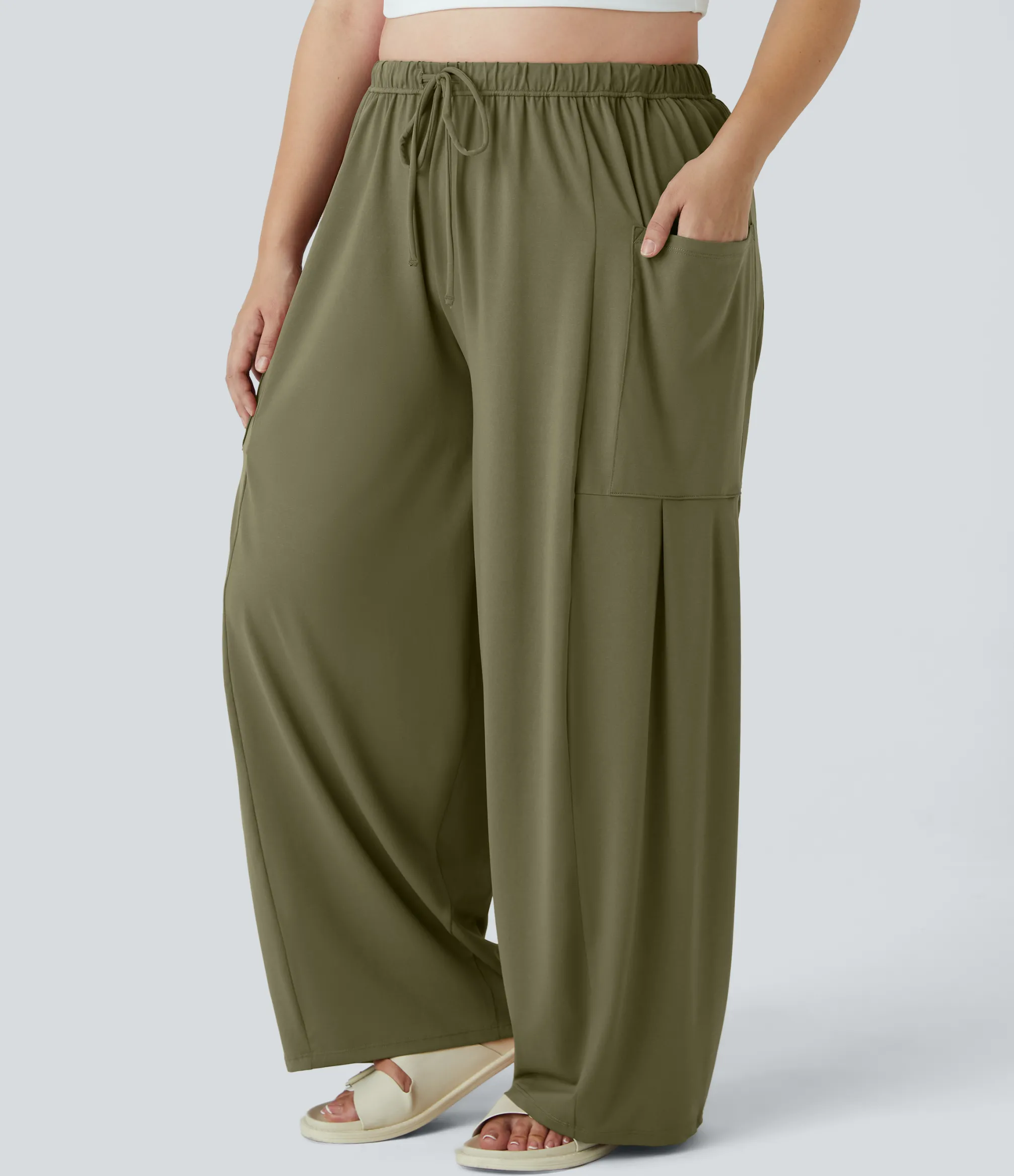 Plus Size<HALARA Mid Rise Elastic Waistband Drawstring Pocket Palazzo Flowy Wide Leg Casual Plus Size Pants