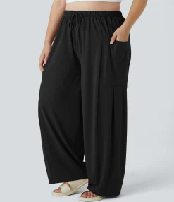 Plus Size<HALARA Mid Rise Elastic Waistband Drawstring Pocket Palazzo Flowy Wide Leg Casual Plus Size Pants