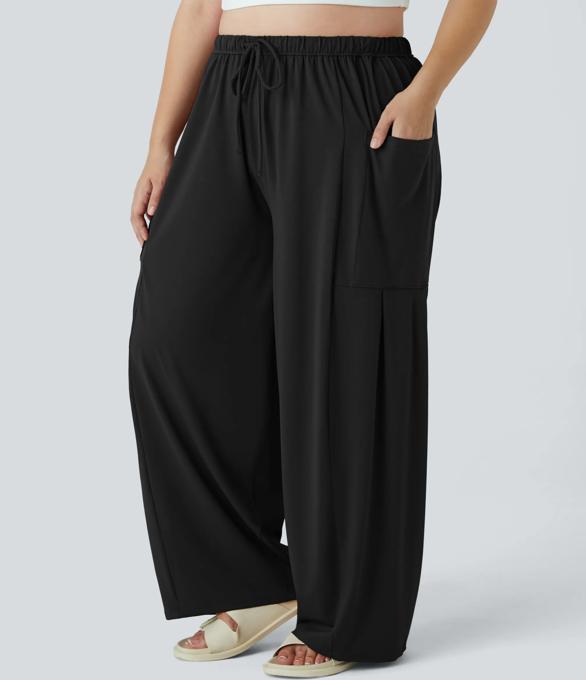 Plus Size<HALARA Mid Rise Elastic Waistband Drawstring Pocket Palazzo Flowy Wide Leg Casual Plus Size Pants