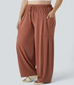 Plus Size<HALARA Mid Rise Elastic Waistband Drawstring Pocket Palazzo Flowy Wide Leg Casual Plus Size Pants