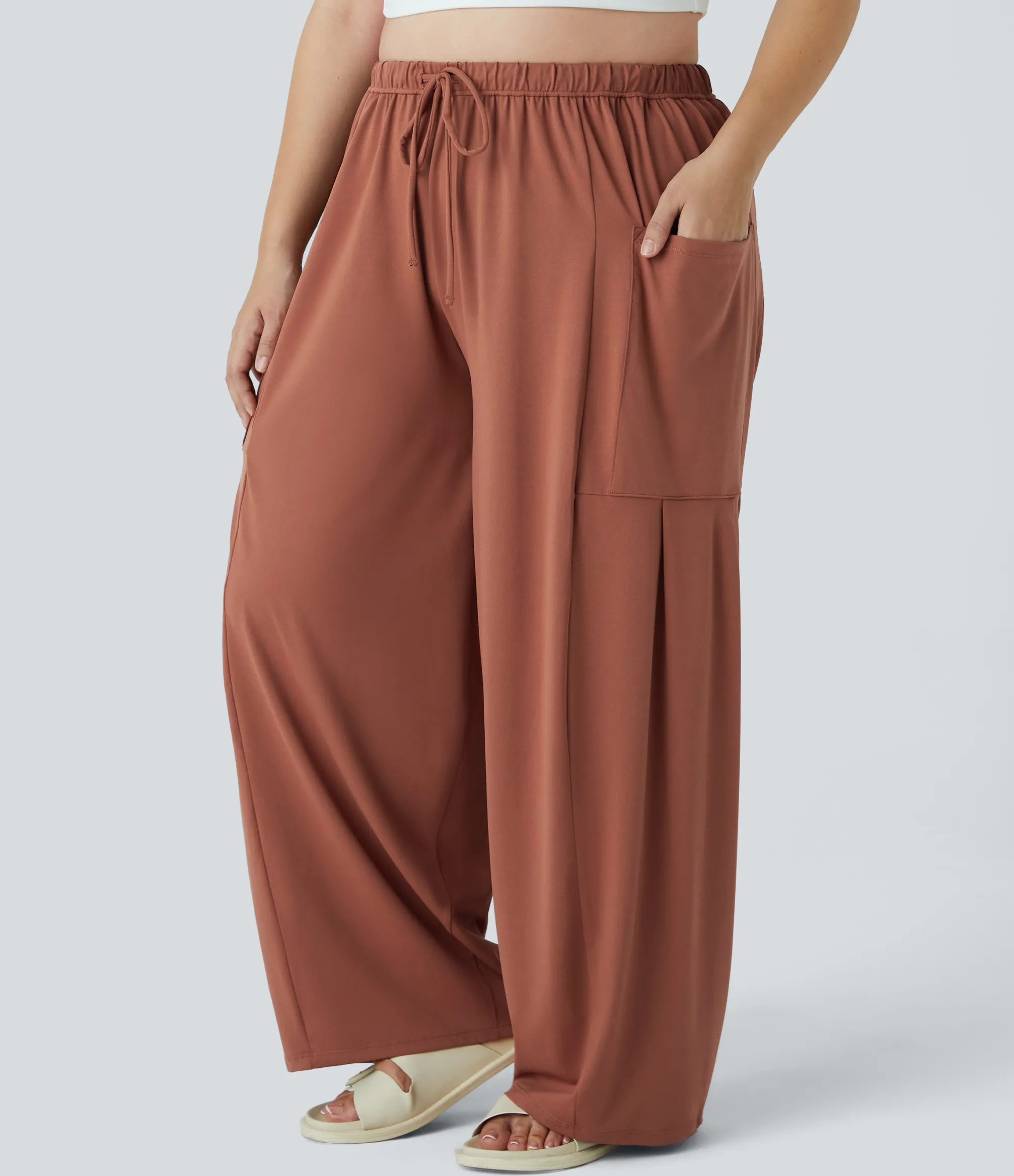 Plus Size<HALARA Mid Rise Elastic Waistband Drawstring Pocket Palazzo Flowy Wide Leg Casual Plus Size Pants