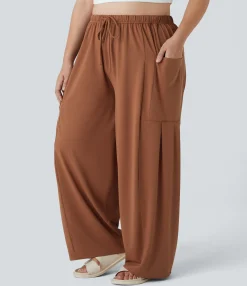 Plus Size<HALARA Mid Rise Elastic Waistband Drawstring Pocket Palazzo Flowy Wide Leg Casual Plus Size Pants