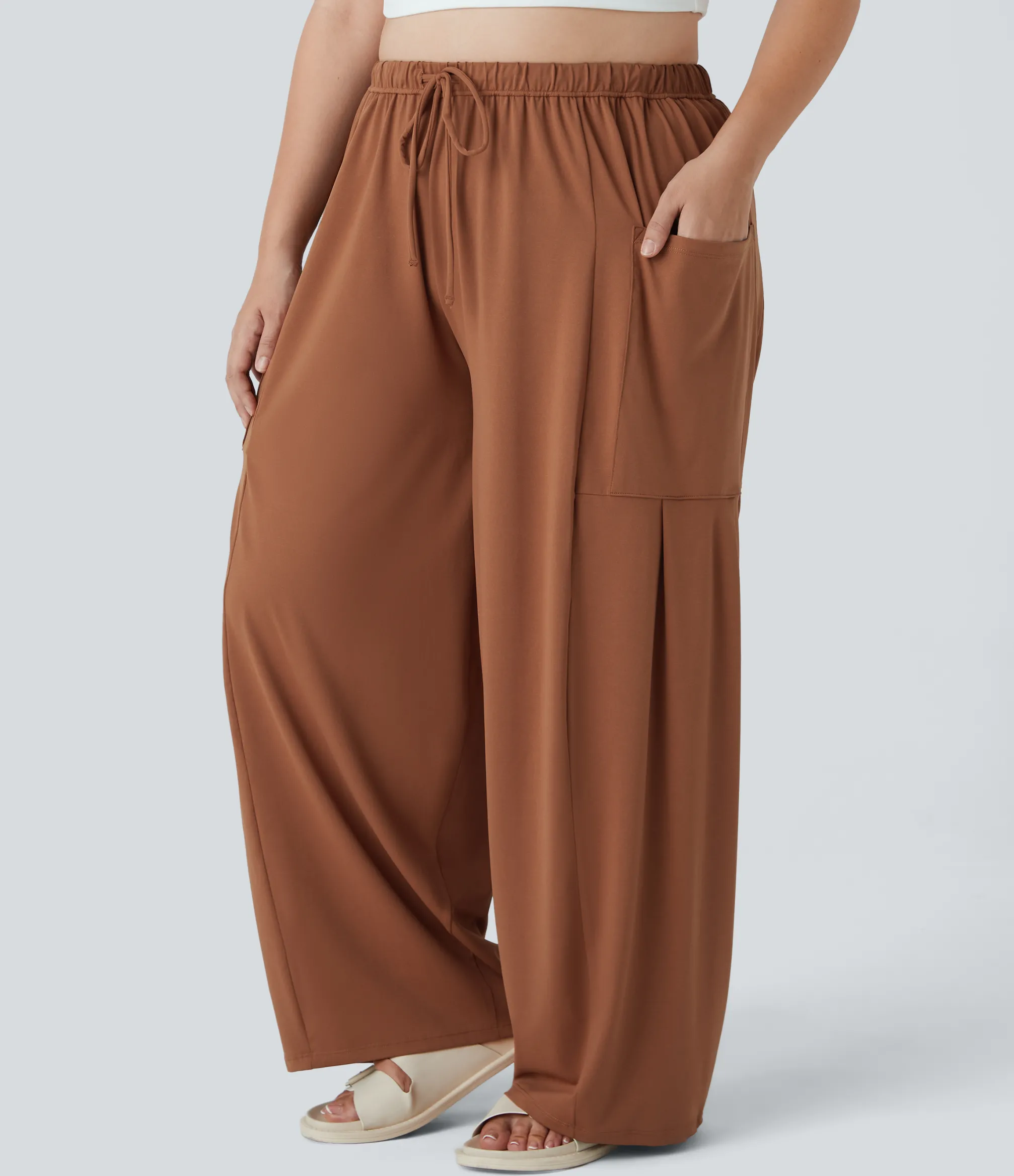 Plus Size<HALARA Mid Rise Elastic Waistband Drawstring Pocket Palazzo Flowy Wide Leg Casual Plus Size Pants