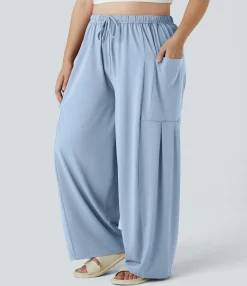 Plus Size<HALARA Mid Rise Elastic Waistband Drawstring Pocket Palazzo Flowy Wide Leg Casual Plus Size Pants