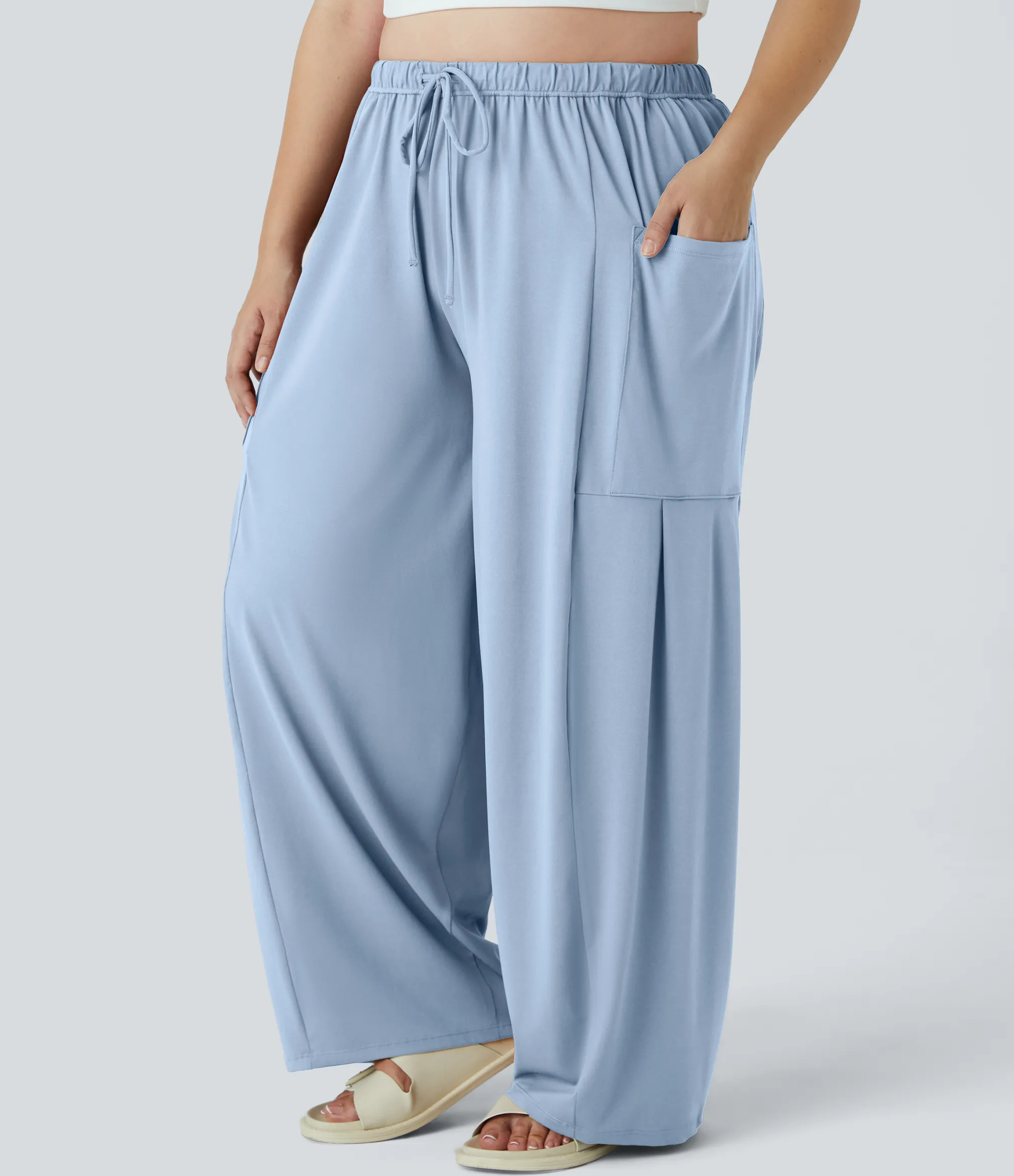 Plus Size<HALARA Mid Rise Elastic Waistband Drawstring Pocket Palazzo Flowy Wide Leg Casual Plus Size Pants