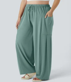 Plus Size<HALARA Mid Rise Elastic Waistband Drawstring Pocket Palazzo Flowy Wide Leg Casual Plus Size Pants