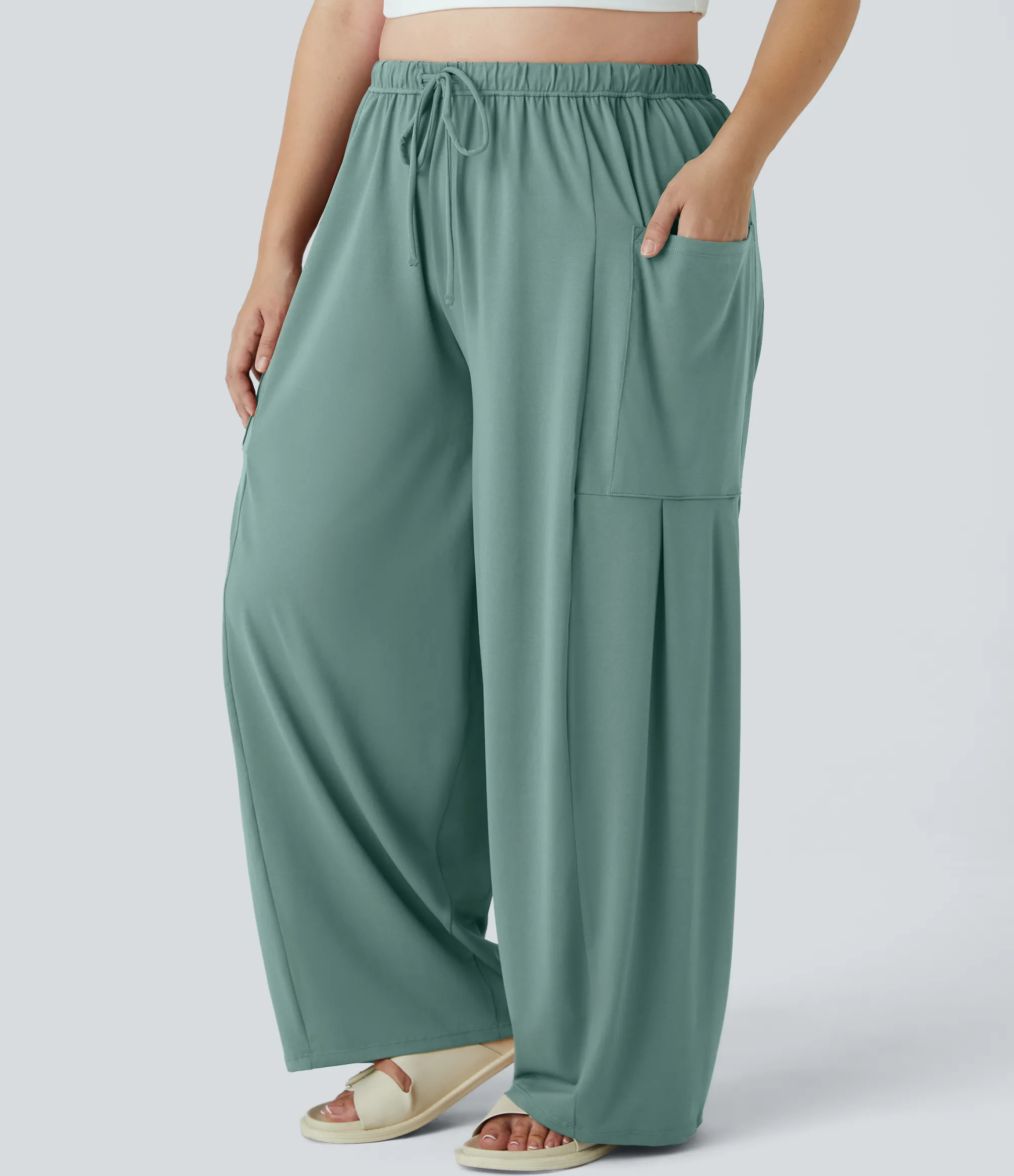 Plus Size<HALARA Mid Rise Elastic Waistband Drawstring Pocket Palazzo Flowy Wide Leg Casual Plus Size Pants