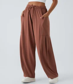 Wide-Leg Pants|Pants<HALARA Mid Rise Elastic Waistband Drawstring Pocket Palazzo Flowy Wide Leg Casual Pants