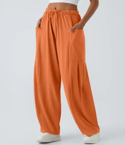 Wide-Leg Pants|Pants<HALARA Mid Rise Elastic Waistband Drawstring Pocket Palazzo Flowy Wide Leg Casual Pants