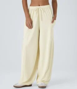Wide-Leg Pants|Pants<HALARA Mid Rise Elastic Waistband Drawstring Pocket Palazzo Flowy Wide Leg Casual Pants