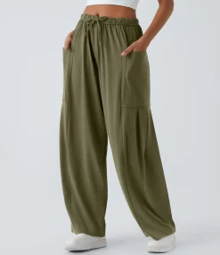 Wide-Leg Pants|Pants<HALARA Mid Rise Elastic Waistband Drawstring Pocket Palazzo Flowy Wide Leg Casual Pants
