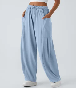 Wide-Leg Pants|Pants<HALARA Mid Rise Elastic Waistband Drawstring Pocket Palazzo Flowy Wide Leg Casual Pants