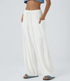 Wide-Leg Pants|Pants<HALARA Mid Rise Elastic Waistband Drawstring Pocket Palazzo Flowy Wide Leg Casual Pants