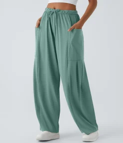 Wide-Leg Pants|Pants<HALARA Mid Rise Elastic Waistband Drawstring Pocket Palazzo Flowy Wide Leg Casual Pants