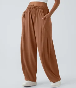 Wide-Leg Pants|Pants<HALARA Mid Rise Elastic Waistband Drawstring Pocket Palazzo Flowy Wide Leg Casual Pants